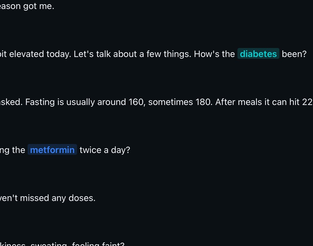 Transcript with highlighted medical terms — diabetes and metformin highlighted in the transcript text