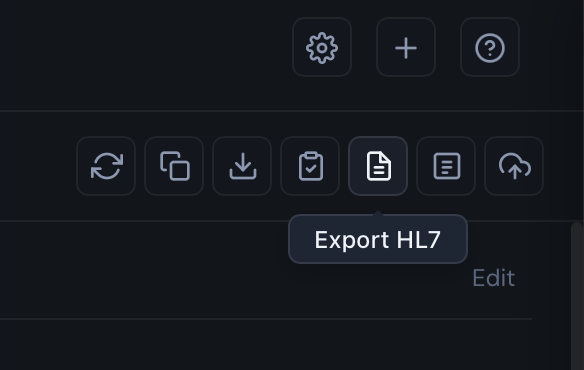 Export toolbar showing regenerate, copy, download, copy EHR, export PDF, export HL7, and sync PMS buttons