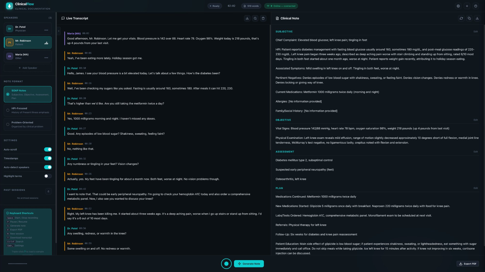 ClinicalFlow application — live transcript with speaker labels on the left, AI-generated SOAP note on the right
