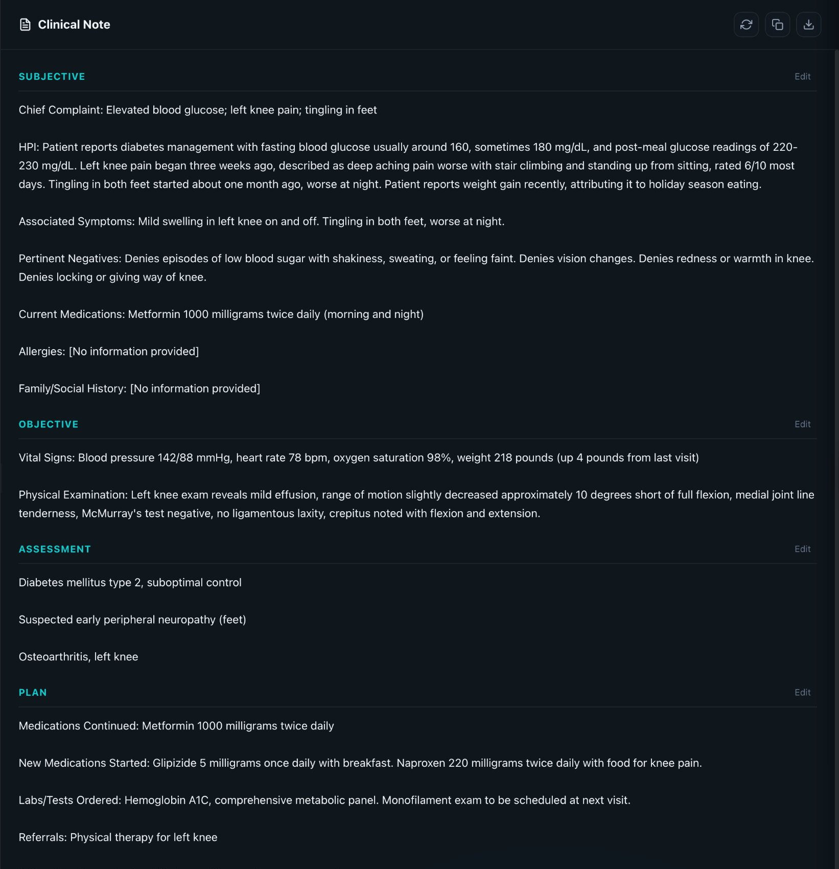AI-generated SOAP note with Subjective, Objective, Assessment, and Plan sections