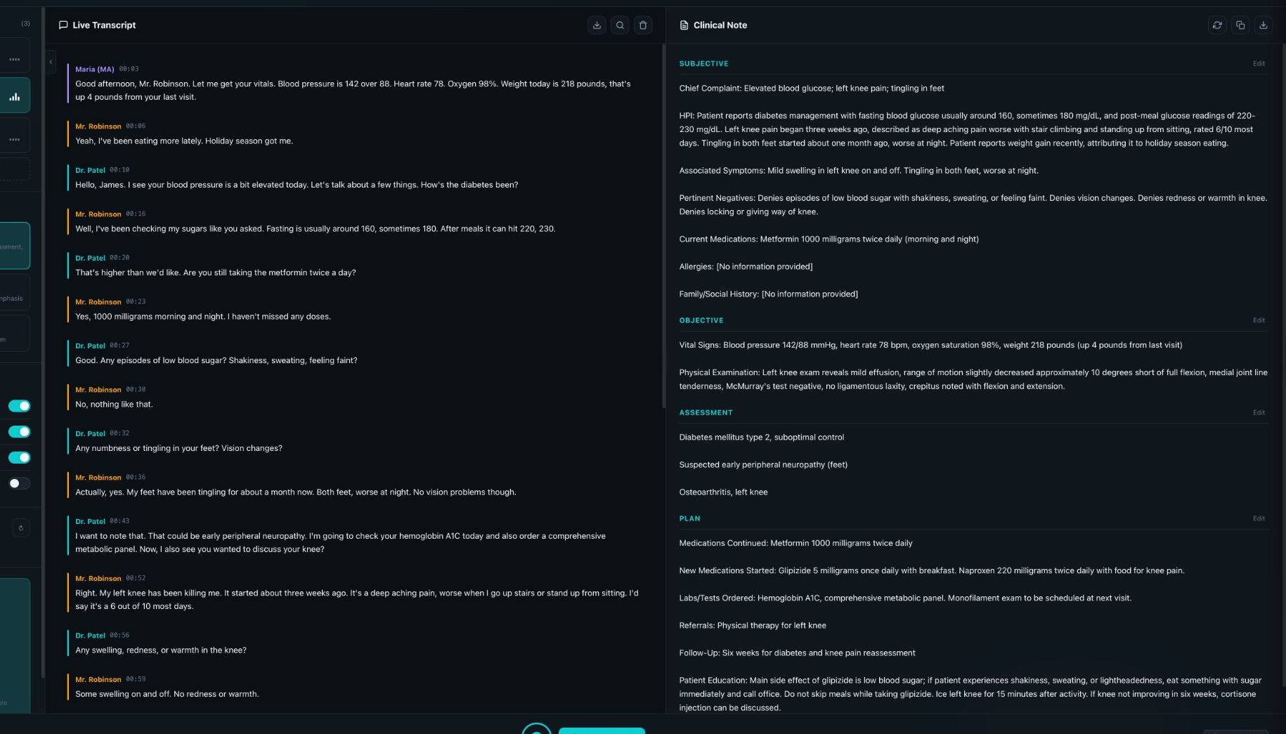 Full app view showing transcript and clinical note panels side by side with Export PDF button