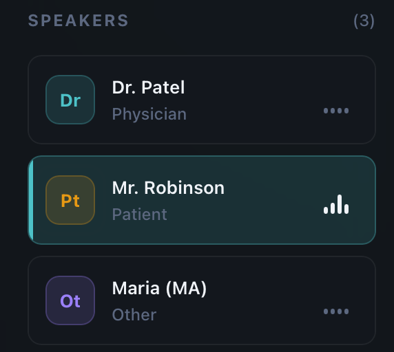 Sidebar showing speakers with roles, note format selector, and settings toggles